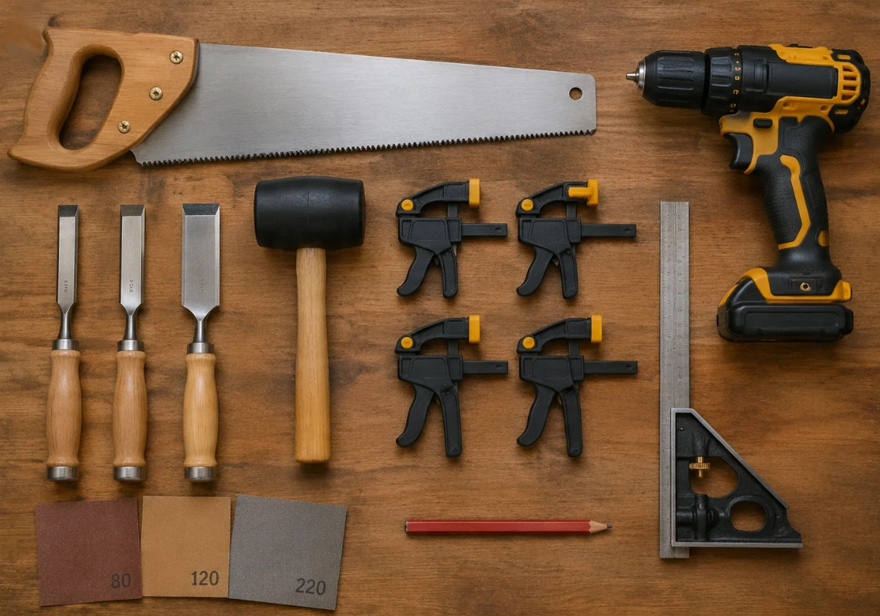 Essential Beginner Woodworking Tools - saw, chisel, mallet, drill, clamps, sandpaper
