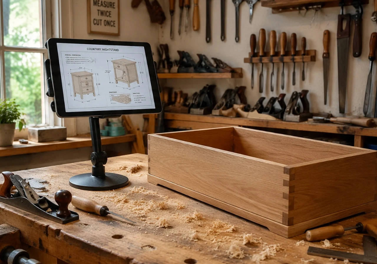 Workshop Tablet Setup for Reading Woodworking Tutorials - tablet on stand at workbench